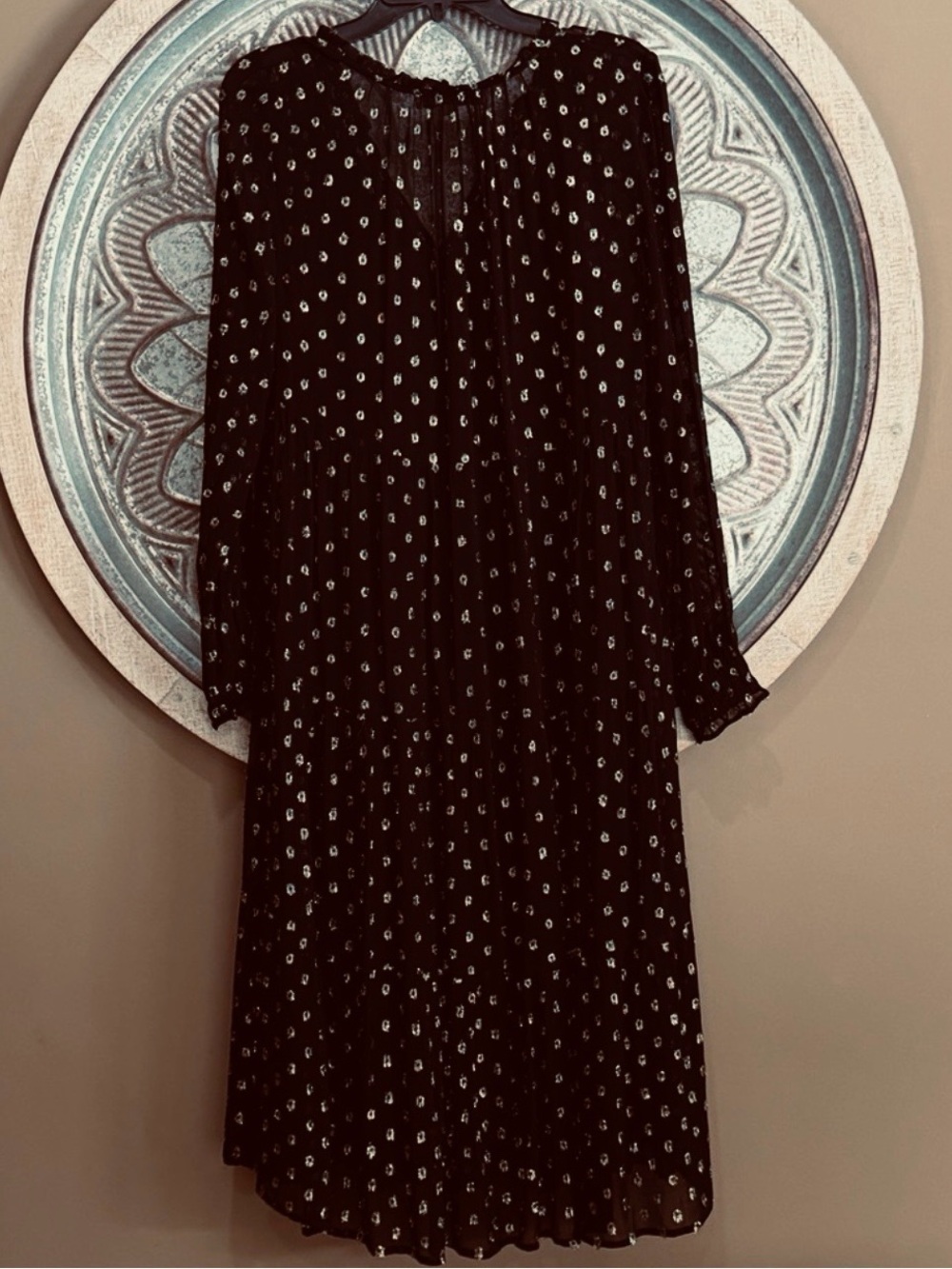 LOFT Black Sheer Long Sleeve Midi Tiered Babydoll Dress w/ metallic Gold tinsel - Picture 6 of 9